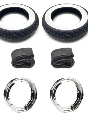 2x Weißwand Reifen 3.50-10 Chrom Felgen Satz für Vespa Piaggio APE 50, Cosa 200 Günstig